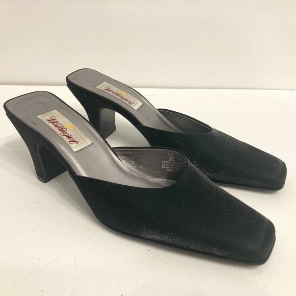 90s Y2K Black Satin Mules SQUARE TOE Slip on Heels Size 9 Worthington Witchcore - Picture 1 of 5